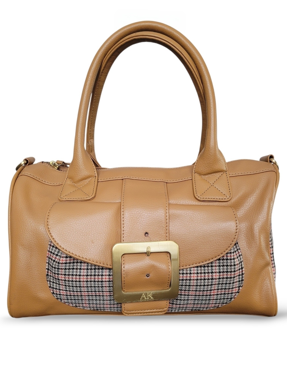Anne Klein Plaid Satchel Bag Camel Faux Leather Top Handle Purse